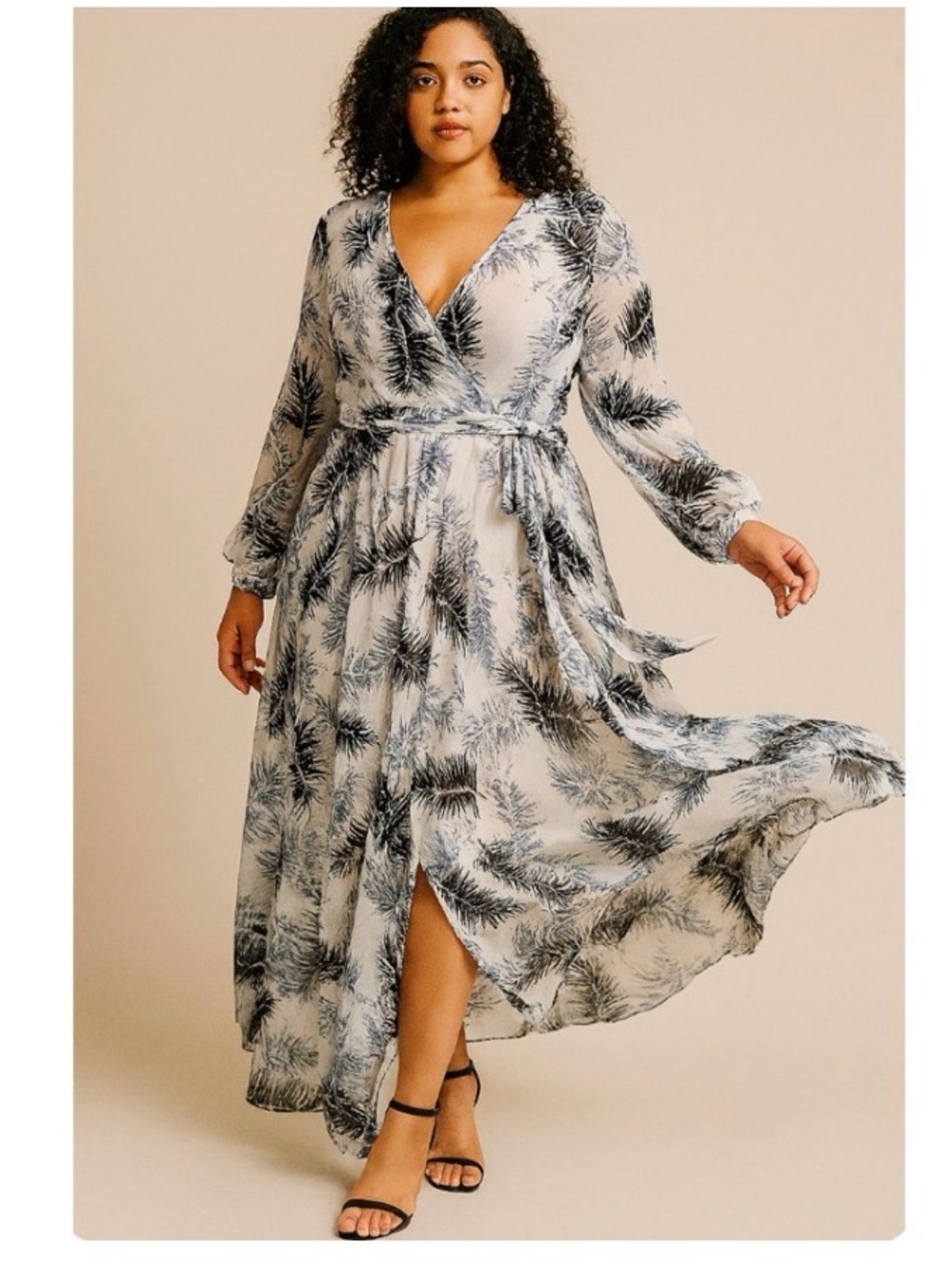 Ark & Co Cream Maxi Dress Palm Print wrap style waist tie white/blue SZ MD